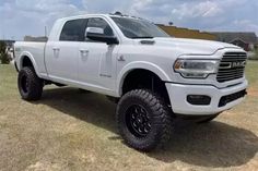 a white truck parked on top of a grass covered field