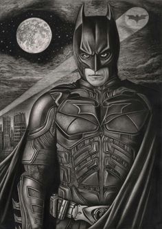 a black and white drawing of batman standing in front of the moon