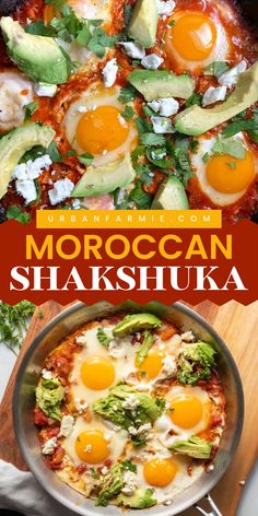 Brighten your day with Moroccan Shakshuka! This Holiday brunch food features poached eggs, creamy avocados, and crumbly cheese in a spicy tomato base. Try this delicious recipe today and start your day right! Moroccan Shakshuka, Egg Shakshuka, Shakshuka Recipe, Kid Friendly Meals Easy, Meals Without Meat, Healthy Kid Friendly Meals, Perfect Poached Eggs