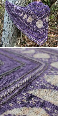 two pictures showing the same purple shawl hanging on a tree trunk, and another photo of an area that has been knitted with yarn