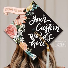 a woman wearing a graduation cap with flowers on it