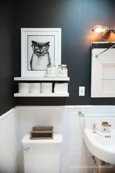 a white toilet sitting next to a bathroom sink under a framed owl image on the wall