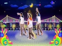 three young men are dancing in front of a cityscape with lights and stars