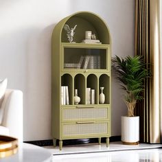 a living room with a green bookcase next to a white chair and potted plant