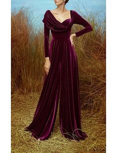 A-Line Minimalist Elegant Wedding Guest Formal Evening Dress Sweetheart Neckline Long Sleeve Sweep / Brush Train Velvet with Pleats Slit 2022 Purple Velvet Prom Dress, Prom Dress 2022, Halter Dress Casual, Purple Evening Gowns, Velvet Prom Dress, Night Club Dress, Dresses Formal Elegant, Evening Gowns Elegant, Mini Dress Fashion