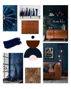 a collage of blue and brown items in a living room, including a couch