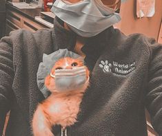 a person wearing a face mask holding a cat