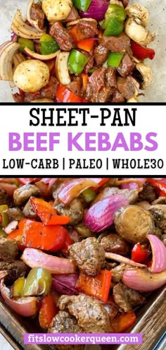 sheet pan beef kebabs with red onions, peppers and green bell peppers on top