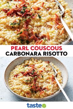 two pictures with different types of food in them and the words pearl couscous carbonara risotto