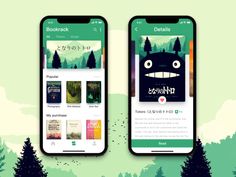 two smartphones with books on them and trees in the background