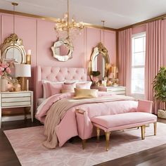 a bedroom decorated in pink and gold with mirrors on the wall, chandelier, bedding, and rugs