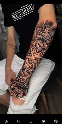 a person sitting down with a tattoo on their arm