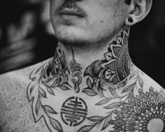 Man is displaying his neck and chest tattoos Shore Tattoo, Sake Tattoo, Patterns Photography, Egyptian Tattoo Sleeve, Mandala Tattoos, Native Tattoos, Full Sleeve Tattoo Design