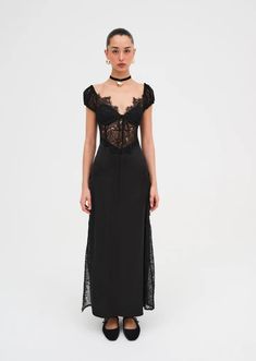 Casey Maxi Dress — Black | For Love & Lemons Feminine Lace Bodice Dress For Night Out, Evening Dress With Lace Sleeves And Fitted Bodice, Fitted Evening Dress With Lace Bodice And V-neck, Formal Dress With Sweetheart Neckline And Scalloped Lace, Elegant V-neck Corset Dress For Cocktails, Elegant Scallop Lace Prom Dress, Fitted Lace Patchwork Evening Dress, Fitted Lace Patchwork Dress For Evening, V-neck Corset Dress With Fitted Bodice For Evening