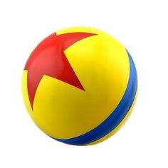 a yellow and blue ball with a red star on it