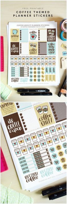 a planner sticker with coffee and donuts on it, next to some other items