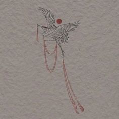 a drawing of a bird flying with a string attached to it's neck and an orange ball in its beak