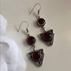 Brand New! Beautiful Stamped Sterling Silver & Faceted Garnet Earrings Garnet Jewelry Silver, Silver Vintage Earrings, Whimsigoth Earrings, Knitting Moodboard, Red Victorian Sterling Silver Jewelry, Vintage Red Sterling Silver Earrings, Ornate Red Sterling Silver Jewelry, Red Vintage Sterling Silver Earrings, Dark Red Earrings