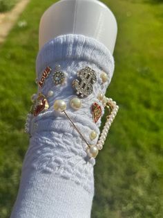 Beautiful charm socks inbox me for custom designs, $20 each ! Slouch Socks With Charms, Charm Socks, Junk Socks, Bling Socks, Crocs With Charms, Crystal Socks, Swag Era, Pretty Socks, Arts And Crafts For Teens