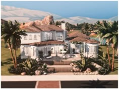 an artist's rendering of a house with palm trees and mountains in the background