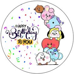 happy birthday to you card with cute cartoon animals and confetti on white background