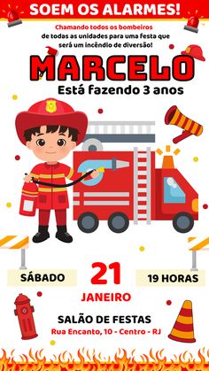 a poster for a children's birthday party with a firetruck in the background