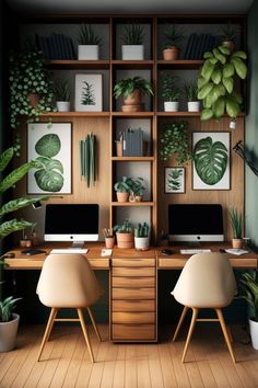 a desk with two computers on it in front of some plants and potted plants