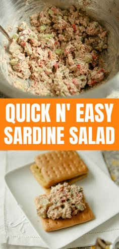 quick n easy sardinene salad with crackers in the middle and an orange text overlay