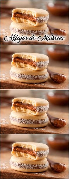 three different views of some food on a wooden table with chocolate sauce in the middle