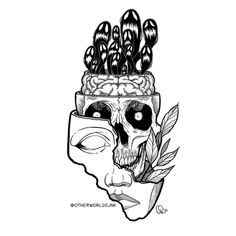 a black and white drawing of a human head with plants growing out of the brain