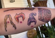 a woman's arm with tattoos on it and an image of different things in the background