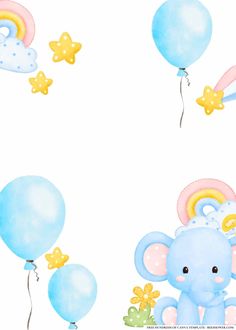 an elephant with balloons and stars on its head is flying in the sky above another balloon