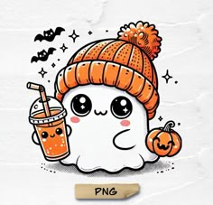 a cute ghost with a drink and pumpkins on it's head, wearing a knitted hat