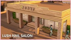 an image of a nail salon with people walking by it in the street and on the sidewalk