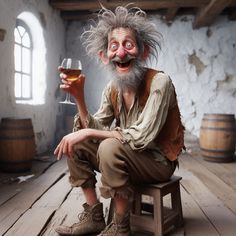 an old man sitting on a stool holding a glass of wine