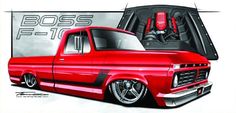 a drawing of a red truck with the hood up