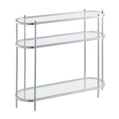 a glass shelf with two shelves on each side and one shelf below the shelf is chrome