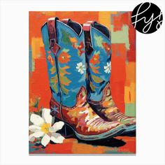 a painting of cowboy boots and a flower