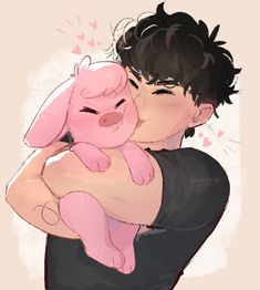 a drawing of a man holding a pink pig in his arms and smiling at the camera