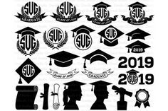 graduation caps and diplomas with ribbons, laurels and wreaths in black on white