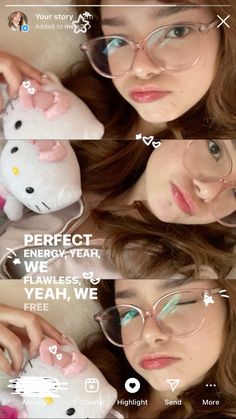 two girls wearing glasses and one has a stuffed animal in front of her face with the caption perfect energy - year, we collect s yeah, yeah, we