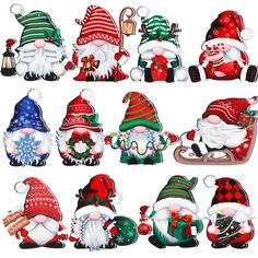 twelve christmas gnomes with bells and sleighs are shown in different colors