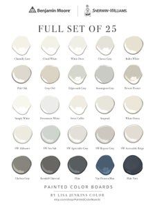 the full set of 25 painted color boards is shown in various colors and sizes, including white