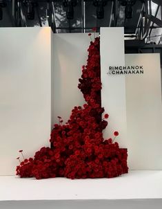 a dress made out of red roses on display at a fashion show with the name pimshanok chanakan written on it