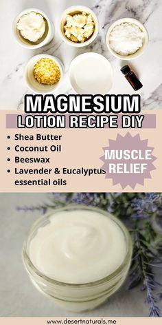 Magnesium Lotion Recipe DIY for sore muscles.  Learn how to make your own magnesium lotion with this simple DIY recipe. Magnesium lotion is a popular natural remedy known for its potential to alleviate sore muscles, muscle cramps, improve sleep quality, and boost overall relaxation and lower stress.  This homemade skincare  recipe is toxin free and uses shea butter, beeswax, and lavender and eucalyptus essential oils to boost effectiveness for sore muscles. Diy Magnesium Lotion, Magnesium Lotion Recipe, Homemade Scrubs, Homemade Skincare, Magnesium Lotion, Muscle Cramps