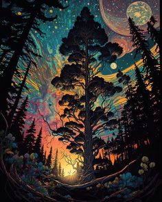 an image of the night sky with stars and trees