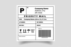 the priority mail label for company name and address is shown in black on white paper