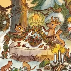 a painting of some animals around a table