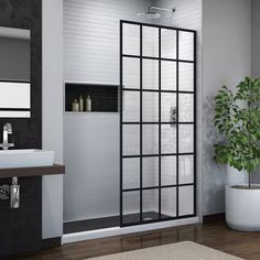 a bathroom with a sink, mirror and shower stall in the corner next to a potted plant