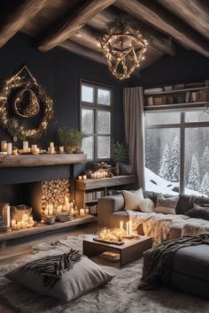 a living room filled with lots of furniture next to a window covered in candles and blankets